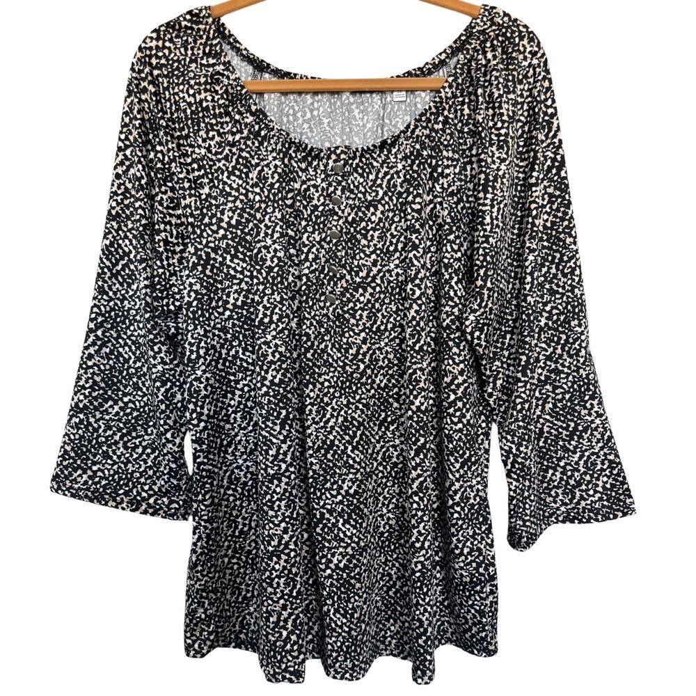 Notations Blouse Womens 2X Black White Tan Animal Print Roll Tab 3/4‎ Sleeves